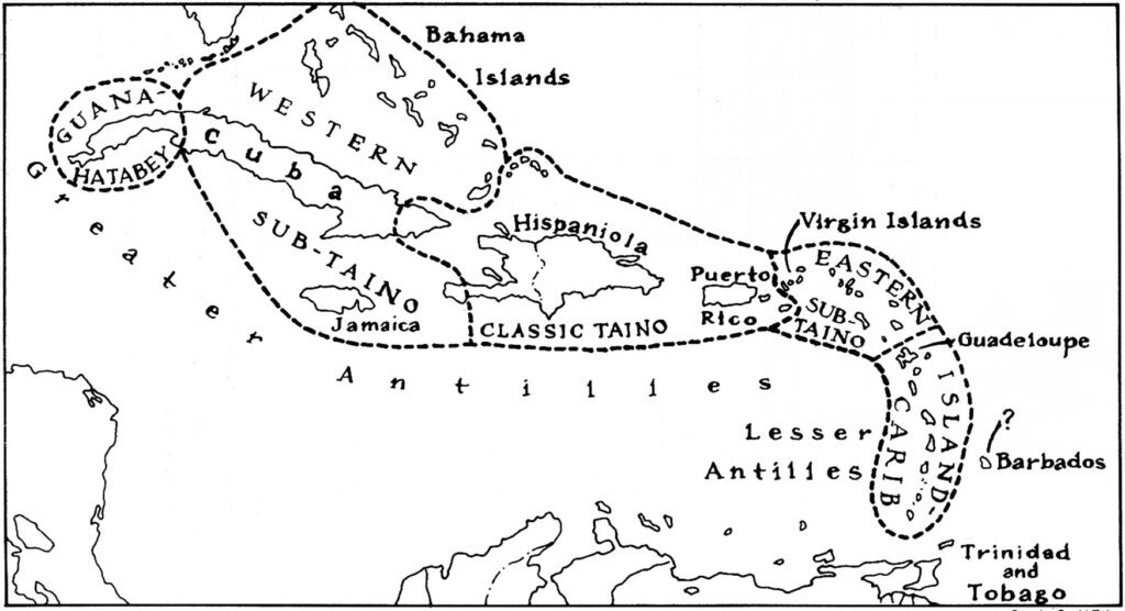 Mapa de los taínos y caribe en las Antillas Mayores y Menores